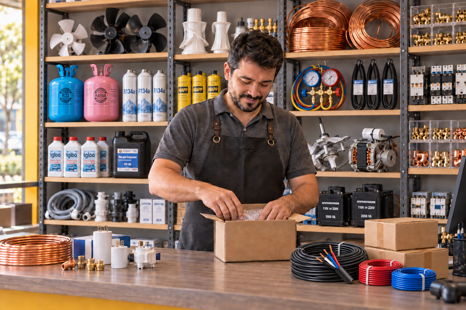 Lojista organizando pedidos em uma revenda de peças
