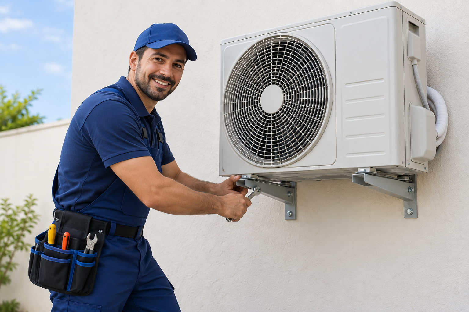 Técnico verificando o suporte de uma condensadora de ar-condicionado na área externa